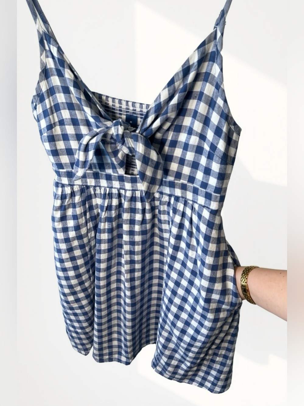 Old Navy Blue Gingham Tie Front Babydoll Mini Dress | Size Medium - Picture 3 of 6